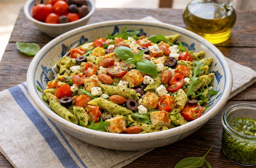 Penne Rigate Salad with Chicken Breast and Pesto